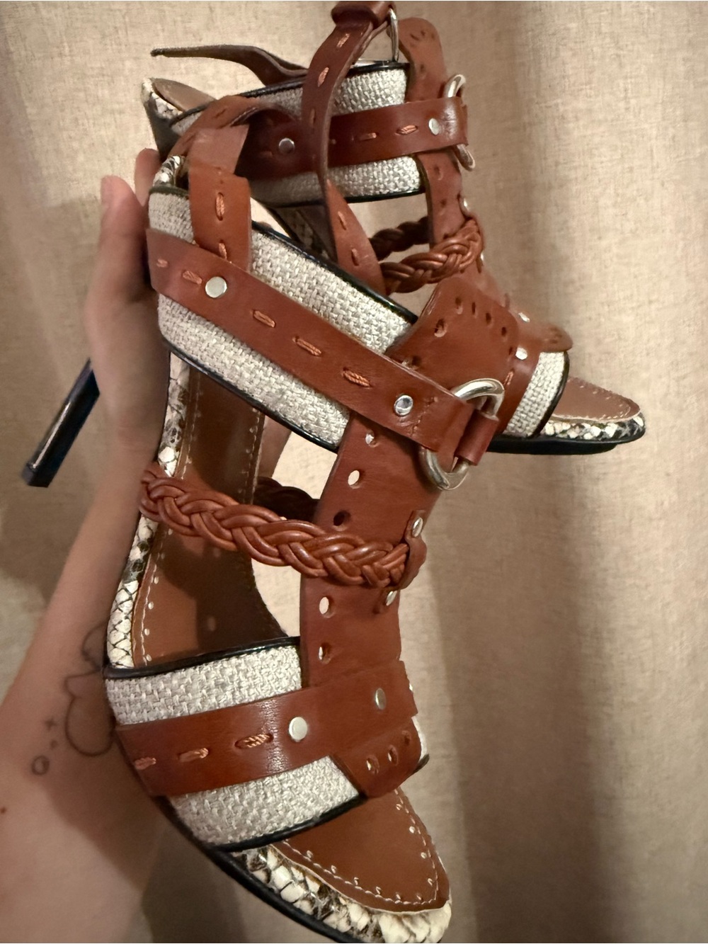 Proenza Schouler Brown and Cream Braided Strappy High Heel Sandals